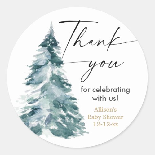 Modern Watercolor Christmas tree baby shower Classic Round Sticker