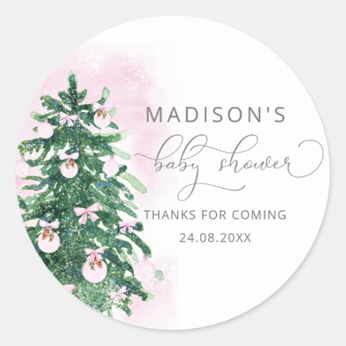 Modern watercolor Christmas tree baby shower Classic Round Sticker