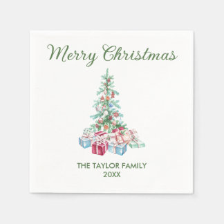 Modern Watercolor Christmas Tree & Gifts Party Napkins