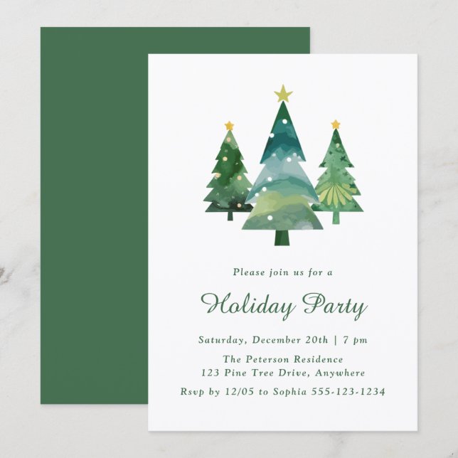 Modern Watercolor Christmas Tree Holiday Party Invitation (Front/Back)
