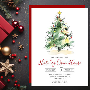 Modern Watercolor Christmas Tree Open House Invitation