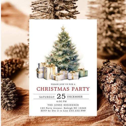 Modern Watercolor Christmas Tree Party Invitation