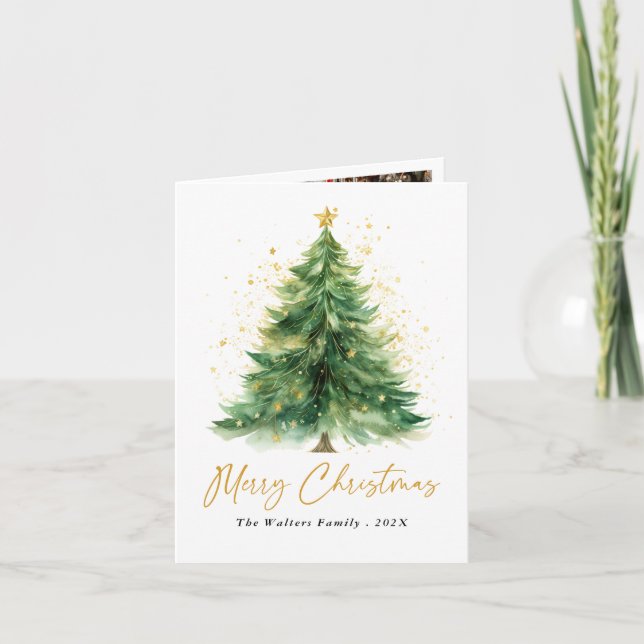 Modern Watercolor Christmas Tree Photo Card (Front)