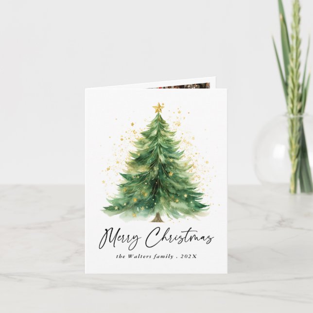 Modern Watercolor Christmas Tree Photo Card (Front)