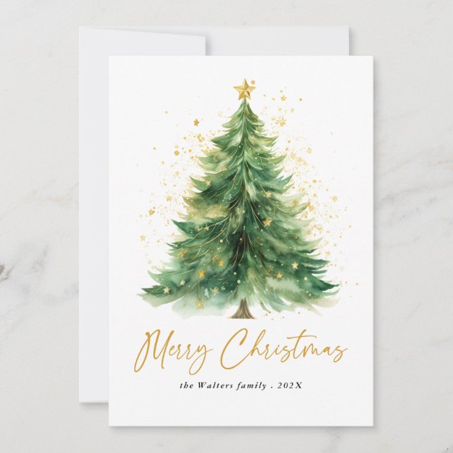 Modern Watercolor Christmas Tree Photo Holiday Car Card (Front)