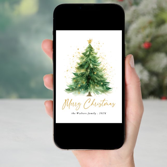 Modern Watercolor Christmas Tree Photo Holiday Card (Front Digital)