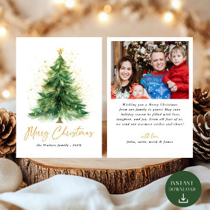 Modern Watercolor Christmas Tree Photo Holiday Card