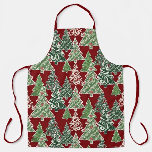 Modern Watercolor Christmas Tree Red Green Pattern Apron