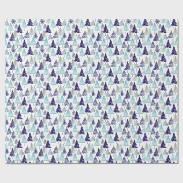 Modern Watercolor Christmas Trees Patterned Blue Wrapping Paper (Flat)