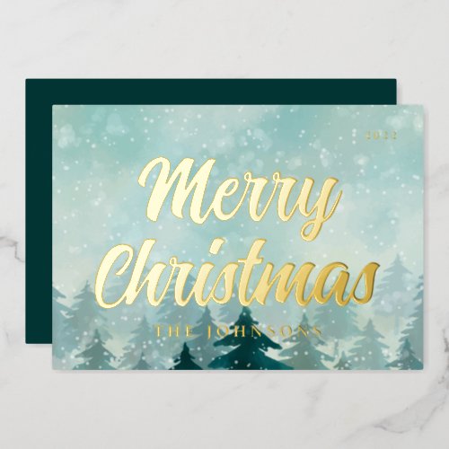 Modern Watercolor Christmas Winter Snow Forest Foil Holiday Card