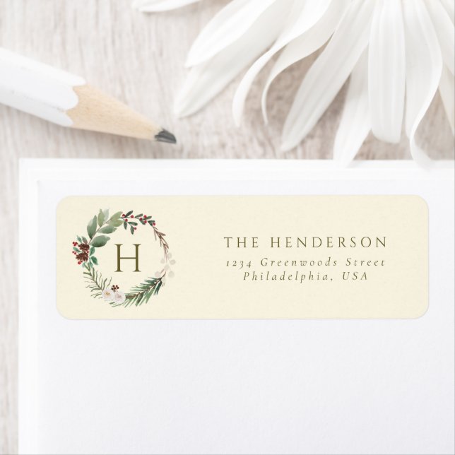Modern Watercolor Christmas Wreath Monogram Family Label (Insitu)