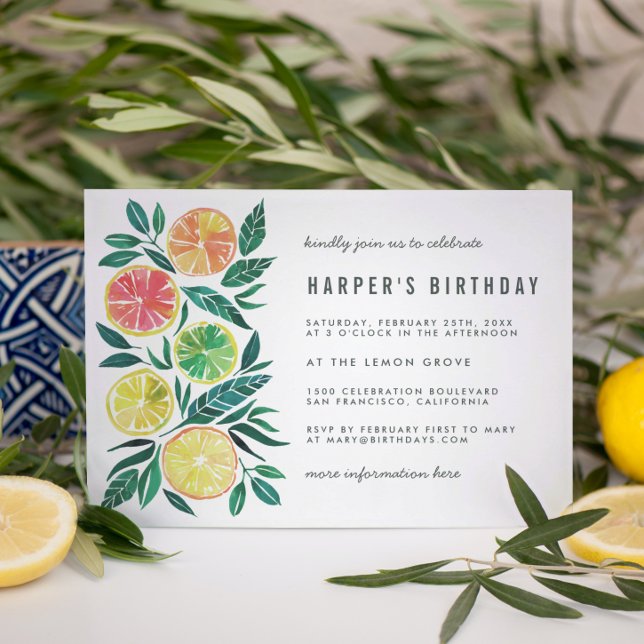 Modern Watercolor Citrus Birthday Party Invitation