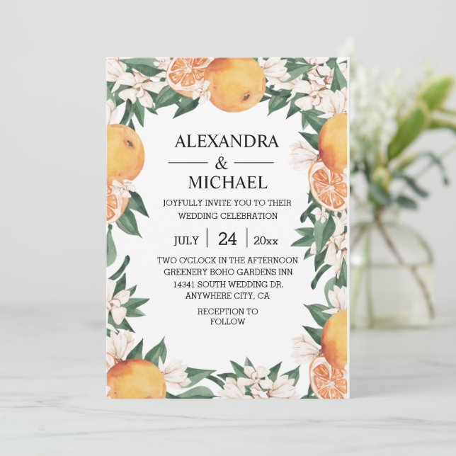 Modern Watercolor Citrus Boho Botanical Wedding Invitation (Standing Front)