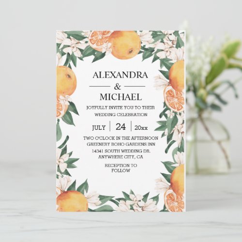 Modern Watercolor Citrus Boho Botanical Wedding Invitation