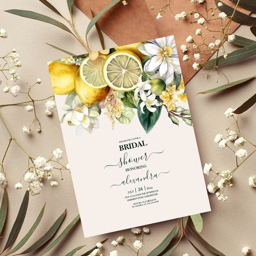 Modern Watercolor Citrus Lemon Bridal Invitation