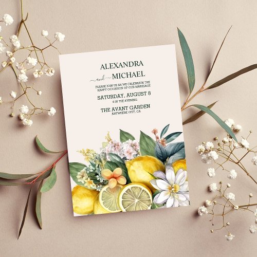 Modern Watercolor Citrus Lemon Wedding Invitation