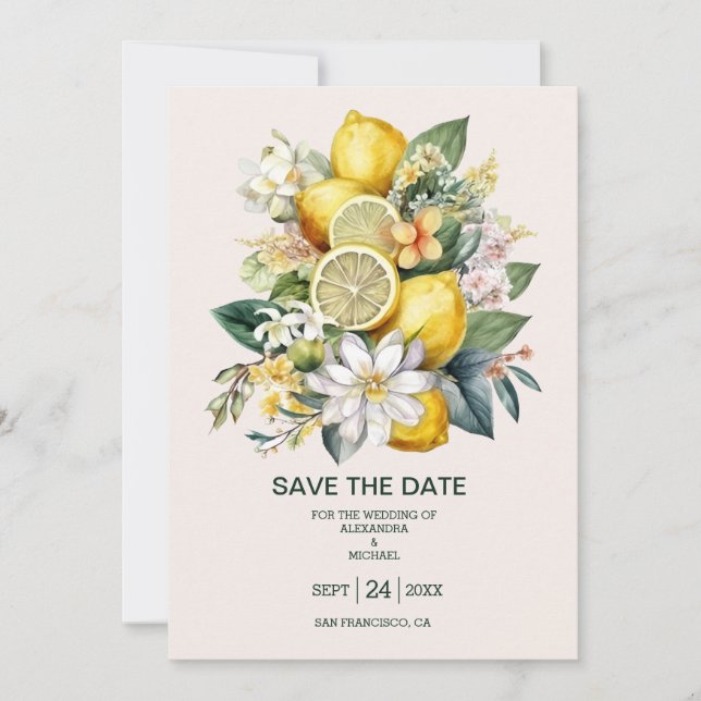 Modern Watercolor Citrus Lemon Wedding Save The Date (Front)
