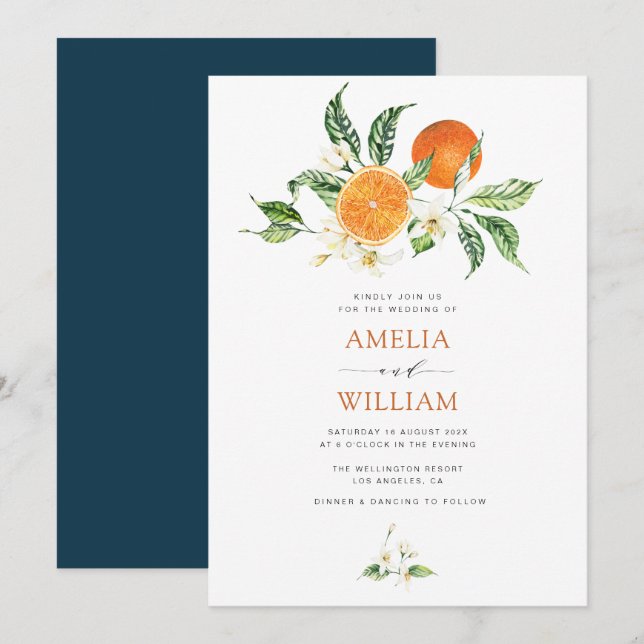 modern watercolor citrus oranges wedding invitation (Front/Back)