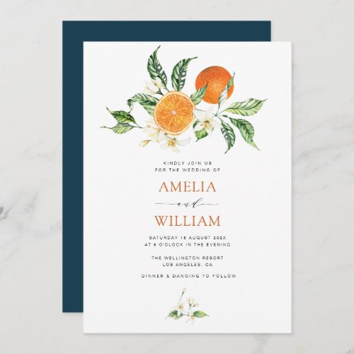 modern watercolor citrus oranges wedding invitation