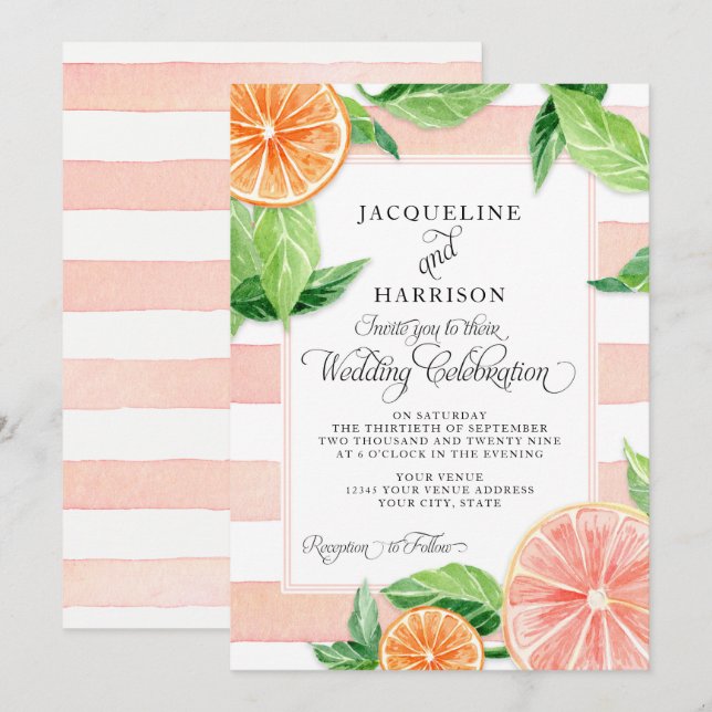 Modern Watercolor Citrus Pink Grapefruit Oranges Invitation (Front/Back)