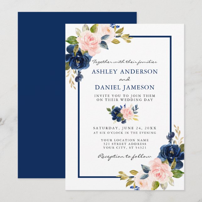 Modern Watercolor Classic Blue Pink Floral Wedding Invitation (Front/Back)