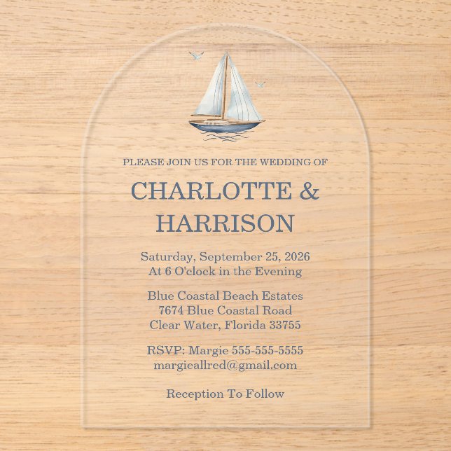 Modern Watercolor Coastal Seascape Wedding Acrylic Invitations (Front)