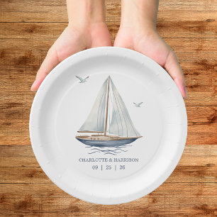 Modern Watercolor Coastal Seascape Wedding Paper Plates