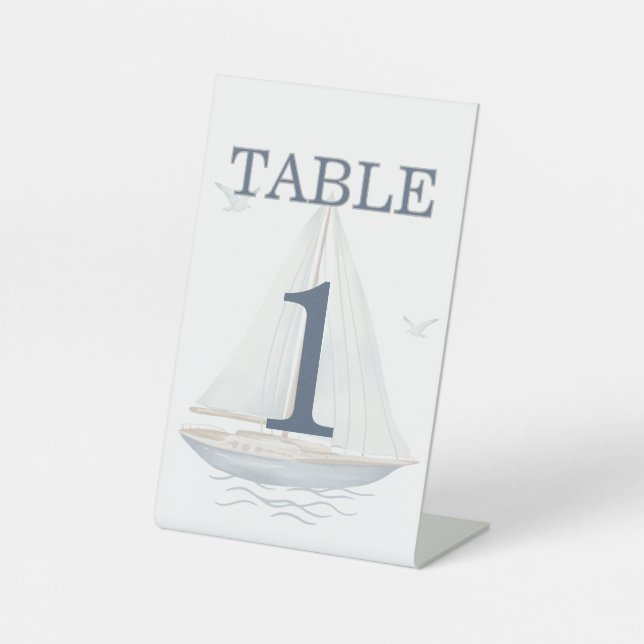 Modern Watercolor Coastal Seascape Wedding Pedestal Sign (Front)