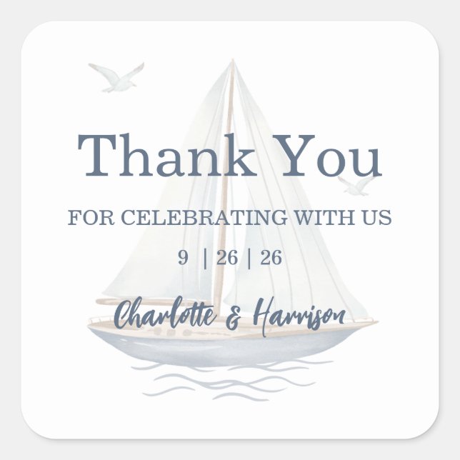 Modern Watercolor Coastal Seascape Wedding Square Sticker (Front)