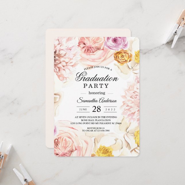 Modern Watercolor Colorful Floral Frame Invitation (Front/Back In Situ)