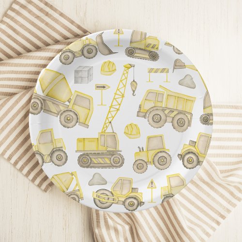 Modern Watercolor Construction Vehicle Birthday Paper Plates