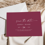 Modern Watercolor Coordinate | Red Horizontal Save The Date<br><div class="desc">This modern watercolor coordinate red horizontal save the date card is perfect for a stylish contemporary wedding. The simple burgundy red and white design features unique industrial lettering typography with modern boho style. Customizable in any color. Keep the design minimal and elegant, as is, or personalize it by adding your...</div>