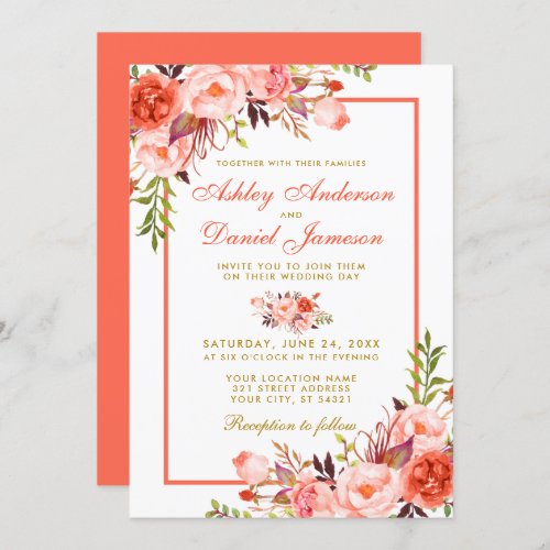 Modern Watercolor Coral Floral Gold Wedding Invitation