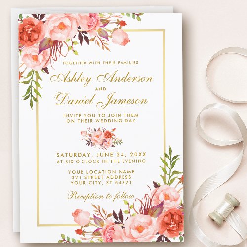 Modern Watercolor Coral Floral Gold Wedding W Invitation