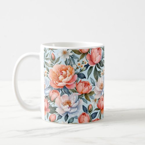 Modern Watercolor Coral Peonies Floral Pattern Coffee Mug