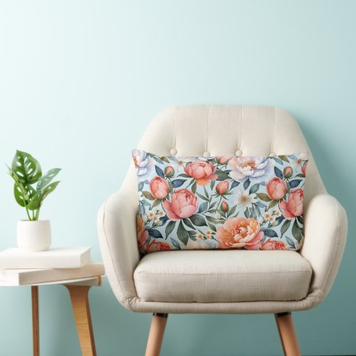 Modern Watercolor Coral Peonies Floral Pattern Lumbar Pillow