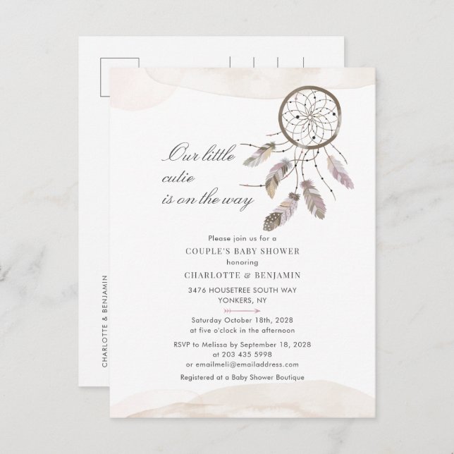 Modern Watercolor Couples Baby Shower Script Invitation Postcard (Front/Back)