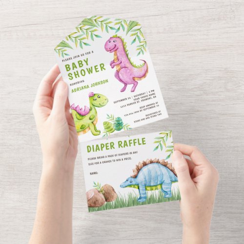 Modern Watercolor Cute Dinosaurs Baby Shower All In One Invitation