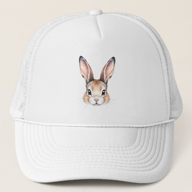Modern Watercolor Cute Easter Bunny Face Trucker Hat (Front)