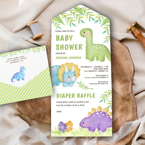 Modern Watercolor Cute Little Dinosaur Baby Shower All In One Invitation
