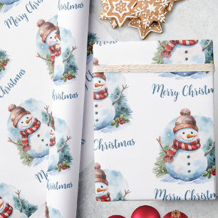 Modern Watercolor Cute Red Blue Snowman Christmas Wrapping Paper