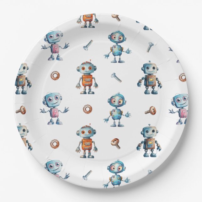 Modern Watercolor Cute Robot Kids Paper Plates (Front)