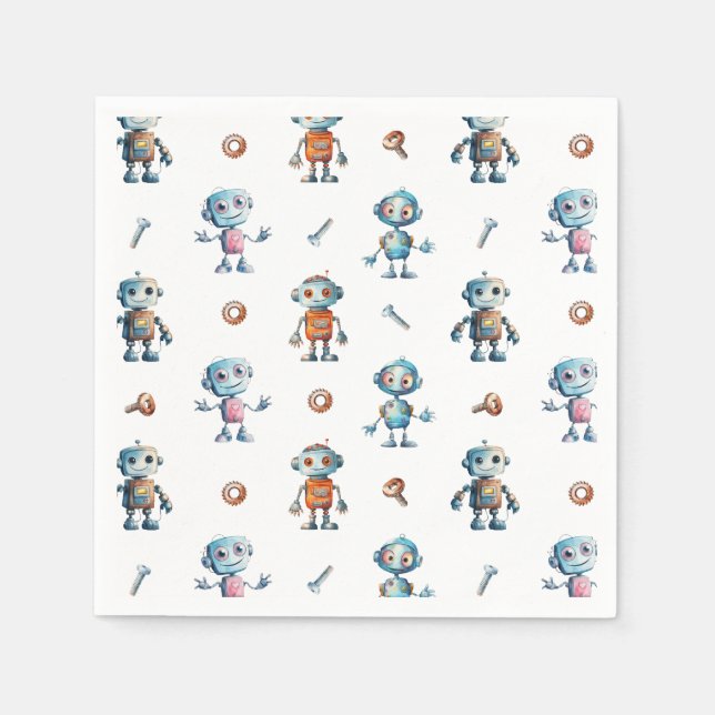 Modern Watercolor Cute Robot Kids Pattern Napkins (Front)