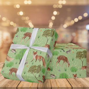 Modern Watercolor Cute Woodland Animals Meadow Wrapping Paper