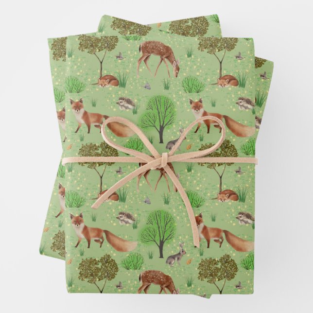 Modern Watercolor Cute Woodland Animals Meadow Wrapping Paper Sheets (In situ)