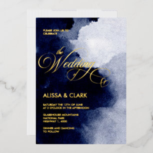 Modern Watercolor Dark Midnight Navy Blue Abstract Foil Invitation