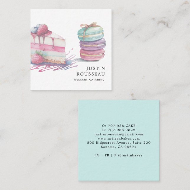 Modern Watercolor Dessert Baker Pastry Chef   Square Business Card (Front/Back)