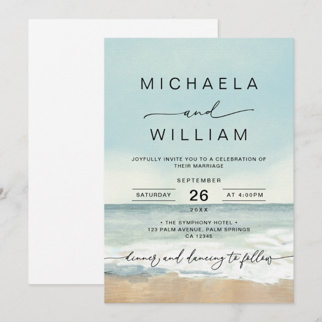 Modern Watercolor Destination Beach Wedding Invitation (Front/Back)