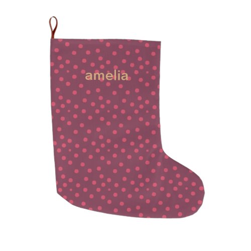 Modern Watercolor Dots with Name Pink Large Christmas Stocking