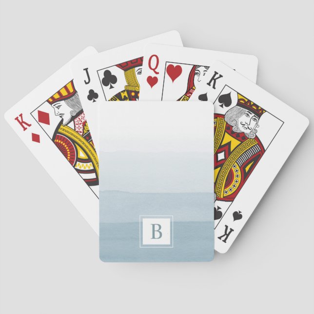 Modern Watercolor Dusty Blue Monogram Poker Cards (Back)